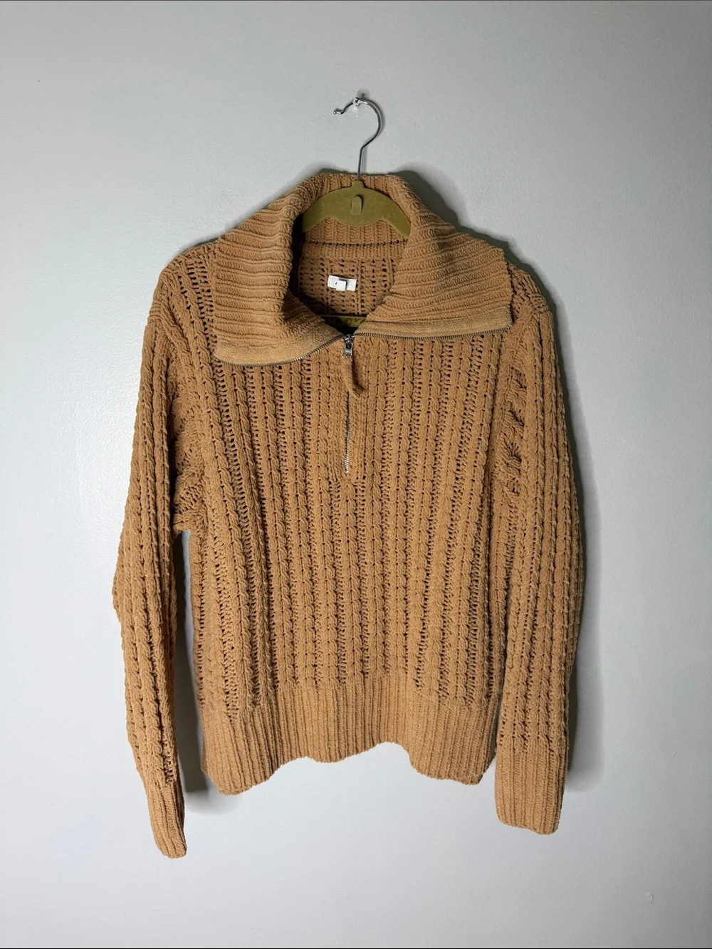 Aerie Chenille Zip-Front Knit Sweater - Camel Brown Size Small - Oversized